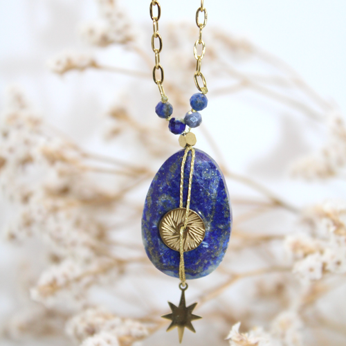 Sautoir collier pierre naturelle lapis-lazuli  bleu 